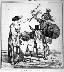 El burro de Buridán entre dos opiniones - por Cham, en “Charivari” del 29/04/1859.