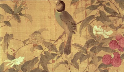 Añadir 32 Aves y flores OA, detalle de un pergamino horizontal (tinta y colores sobre seda)