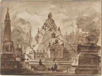 Fantasía arquitectónica con un mausoleo piramidal, c.1747 (pluma y tinta marrón con aguada marrón sobre papel verjurado)