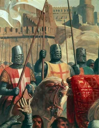 Caballeros cruzados, detalle de La batalla de Ascalón entre Godofredo de Bouillon y los egipcios de Al Afdal, cuadro de Charles-Philippe Lariviere (1798-1876).