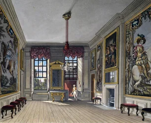 Sala de audiencias de la Reina, grabado por William James Bennett (1787-1844), basado en el diseño de Charles Wild (1781-1835), de The History of the Royal Residences