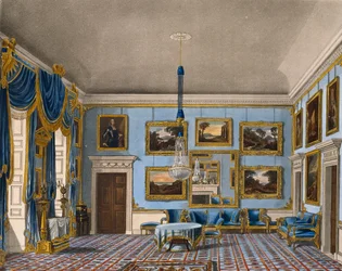 Salón de terciopelo azul, grabado de Daniel Havell, basado en diseño de Charles Wild, de La Historia de las Residencias Reales