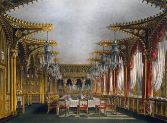 Comedor gótico, grabado de Thomas Sutherland, basado en diseño de Charles Wild, de La Historia de las Residencias Reales