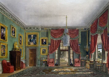 Pabellón verde, grabado de Daniel Havell (1785-1826), basado en el diseño de Charles Wild (1781-1835), de La Historia de las Residencias Reales