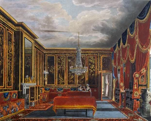 Sala japonesa, grabado de Richard Reeve basado en diseño de Charles Wild, de The History of the Royal Residences