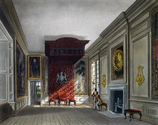Sala de reuniones del Rey, grabado por Thomas Sutherland (1785-1838), basado en el diseño de Charles Wild (1781-1835), de The History of the Royal Residences