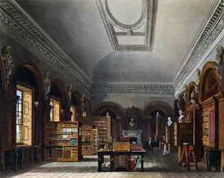 Biblioteca de la Reina, grabado de Richard Reeve después de dibujo de Charles Wild, de La Historia de las Residencias Reales