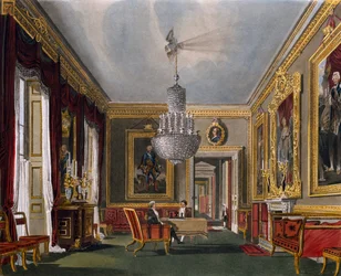 Anticámara oeste, grabado de Richard Reeve basado en diseño de Charles Wild, de The History of the Royal Residences