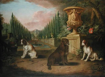 Tres spaniels en un jardín formal, c.1730