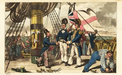 El capitán Spring nombra al guardiamarina Newcome su ayudante de campo y le entrega su espada en la cubierta del HMS Victory