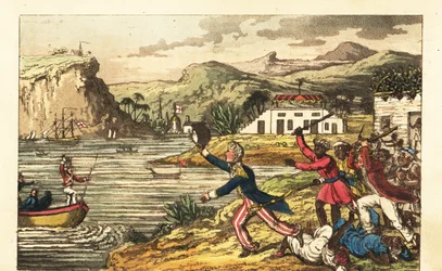 Oficial de la Marina Inglesa huyendo de un enojado plantador Massa y hombres esclavizados Quashee blandiendo garrotes en Jamaica