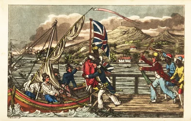 Oficial de la Marina Inglesa secuestrando a una mujer esclavizada en el muelle de Barbados, perseguido por su esposo dueño y trabajadores de la plantación