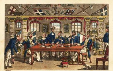 Guardiamarina Newcome inclinándose al salir de la cena en la cabina del capitán, HMS Victory