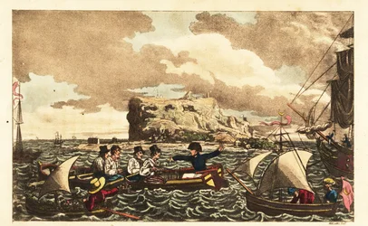 Guardiamarina Newcome transferido en bote al HMS Vanguard cerca de Gibraltar