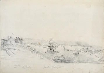 A la derecha, el campamento de los franceses de la expedición de Baudin a la punta de Bennelong, a la izquierda, Sydney, hogar de Nicolas Bayley - lápiz y tinta de Charles Alexandre Lesueur