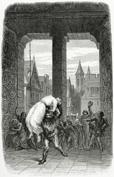 Quasimodo salva a Esmeralda de la ejecución - ilustración de Notre Dame de París, siglo XIX