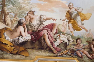 El descanso de Diana entre las ninfas (Il riposo di Diana tra le Ninfe), de Charles-Andre van Loo (1705-1765), fresco, techo abovedado del dormitorio, apartamento de la reina, Stupinigi, Piamonte, Italia