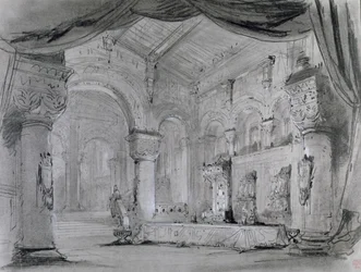 Diseño de escenario del interior del palacio para una representación de la ópera 