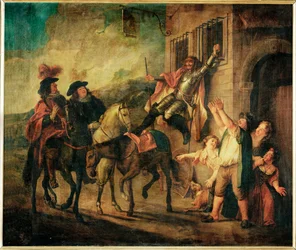 Don Quichotte attache a unse fenetre par la malice de Maritorne - Don Qijote, por la malicia de Maritorne, es atado a una ventana ...
