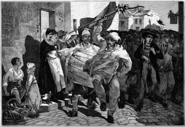 Servicio militar: el sorteo en Borgoña, reclutas cerca de Macon. Grabado de Montbart en El Mundo Ilustre n°1299 del 18 de febrero de 1882