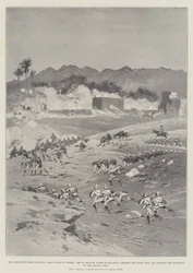 El avance hacia Dongola, la batalla de Ferket, la 1ª Brigada, bajo el mando del Mayor Lewis, despejando la orilla del río y asaltando las obras exteriores del campamento de Jahalin