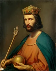 Retrato de Hugo Capeto (941-996), rey de Francia en 987. Sostiene en la mano un globo y un cetro, símbolos del poder. Pintura de Charles de Steuben (1788-1856), siglo XIX. Sol. 0,91 x 0,74 m.
