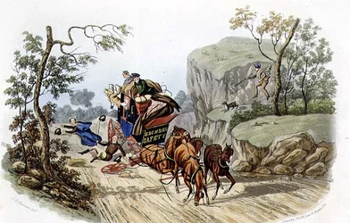 "¡Los Accidentes Ocurren Incluso en los Coches Mejor Equipados!", grabado por R.G. Reeve, publicado por Thomas McLean