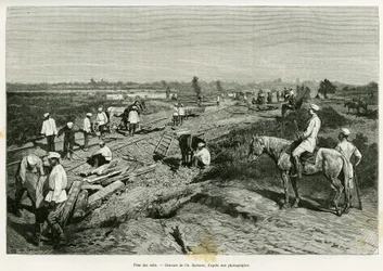 Tendido de los rieles transcaspianos. Grabado por Ch. Barbant para ilustrar la historia Viaje a Merv, por Edgar Boulanger, en le tour du monde 1887, dirigido por Edouard Charton (1807-1890), Hachette, París