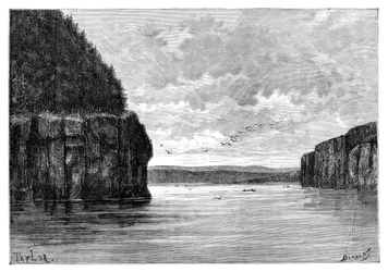 El río Angara, debajo de los rápidos de Padunskiy, Siberia, Rusia, 1895