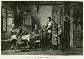 El benedicite. Grabado de Barbant después de una pintura de Brion, para ilustrar la historia A través de Alsacia y Lorena, por Charles Grad, diputado alemán, en 1884, en Le Tour du monde 1886, dirigido por Edouard Charton (1807-1890), Hachette, París.