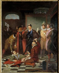 Enrique III, rey de Francia, empuja el cuerpo de Enrique I de Lorena, duque de Guisa, llamado el Balafre (1550-1588) tras su asesinato en el castillo de Blois