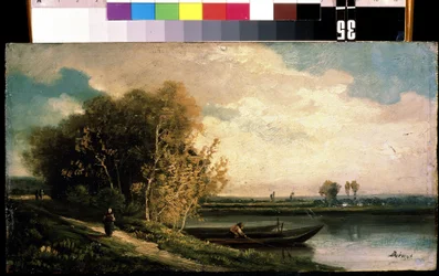 "La costa" Un paisaje de ribera con un pescador y una campesina. Pintura de Charles Barthelemy Jean Durupt (1804-1838) Siglo XIX Museo de Arte Mikhail Kroshitsky, Sebastopol (Ucrania)