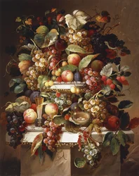 Naturaleza muerta con uvas y duraznos
