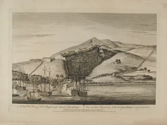 Vista sur del Fuerte Real en la Isla de Guadalupe, circa 1759