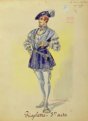 Traje del Duque de Mantua, del acto III de la ópera "Rigoletto" de Verdi (1813-1901) (acuarela sobre papel)