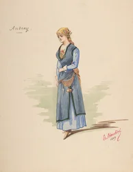 Diseño de vestuario para Andrey [a], hoja descriptiva de accesorios [b], 1889