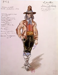 Traje del cochero para la ópera "Paillasse" (payasos) de Ruggero Leoncavallo (1857-1919) de 1892. Acuarela de Charles Bianchini (1860-1905)