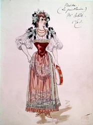 Traje de Nedda o Colombina para la ópera "Paillasse" (payasos) de Ruggero Leoncavallo (1857-1919) de 1892. Acuarela de Charles Bianchini (1860-1905)