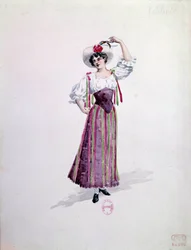 Traje de mujer joven (¿Nedda o Colombina?) para la ópera "Paillasse" (payasos) de Ruggero Leoncavallo (1857-1919) de 1892. Acuarela de Charles Bianchini (1860-1905)