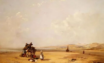 Pescadores descargando su captura en la playa de la Bahía de Cardigan