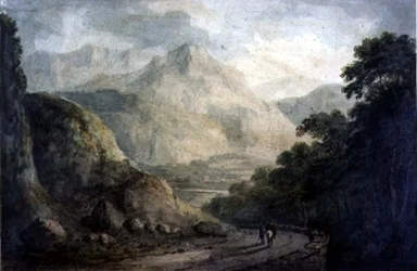 Paisaje: Un arroyo rocoso con orillas boscosas, siglo XIX