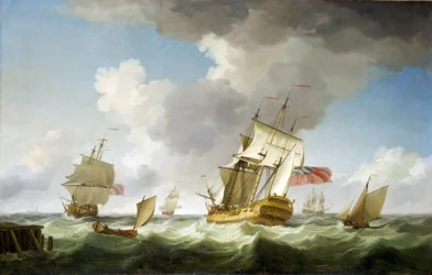 Un barco comercial de la Compañía Británica de las Indias Orientales con fuerte viento, cerca del muelle que acaba de abandonar. Óleo sobre lienzo, hacia 1750, de Charles Brooking (1723-1759).