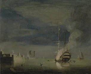 Un barco de dos cubiertas en llamas por la noche frente a un fuerte, c.1740
