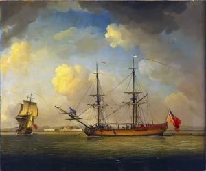 Un buque "Naval Snow", un barco británico con dos mástiles, utilizado para transportar suministros para la Royal Navy, en el horizonte, Fort Tilbury, en el Támesis, Inglaterra.