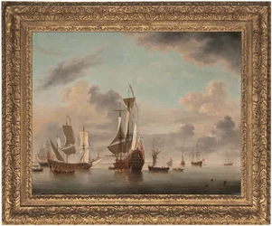 Un barco inglés de dos pisos y cuarenta cañones anclado en la costa con un galeón cerca y cinco hombres de guerra más allá (óleo sobre lienzo)