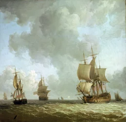 Barcos de la Marina Real Británica soplando en el viento oceánico. Óleo sobre lienzo, hacia 1750, de Charles Brooking (1723-1759).