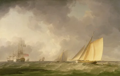 Cúter navegando de ceñida con brisa fresca y otros barcos, hacia 1750