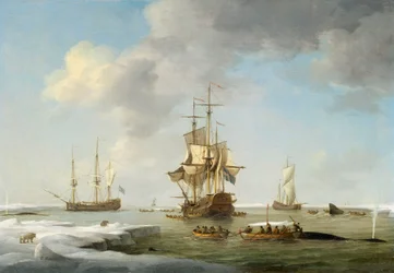 Pesquería de Groenlandia: Balleneros ingleses en el hielo, c.1750 (óleo sobre lienzo)