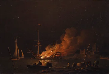 Barco en llamas por la noche