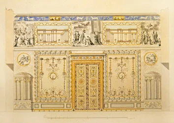 Elevación de una pared de puerta, salón de dibujo de Lyon, Palacio de Catalina en Tsarskoye Selo, principios de 1780 (pluma, pincel, tinta india y acuarela sobre papel)